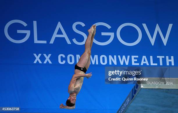 Maxim Bouchard of Canada competes in the Men's 10m Platform Preliminaries at Royal Commonwealth Pool during day ten of the Glasgow 2014 Commonwealth...