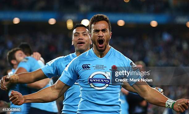 Peter Betham of the Waratahs celebrates winning the Super Rugby Grand Final match between the Waratahs and the Crusaders at ANZ Stadium on August 2,...