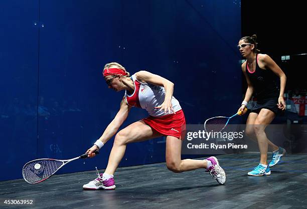 Alison Waters of England plays the ball during the Squash Mixed Doubles Semi Final between England and New Zealand at Scotstoun Sports Campus during...