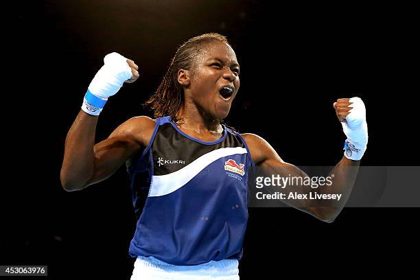 Nicola Adams of England celebrates winning the gold medal against Michaela Walsh of Northern Ireland in the Women's Fly Final at SSE Hydro during day...