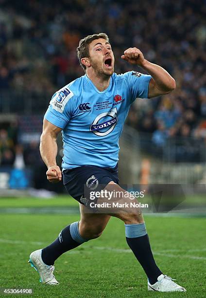 Brendan McKibbin of the Waratahs celebrates winning the Super Rugby Grand Final match between the Waratahs and the Crusaders at ANZ Stadium on August...