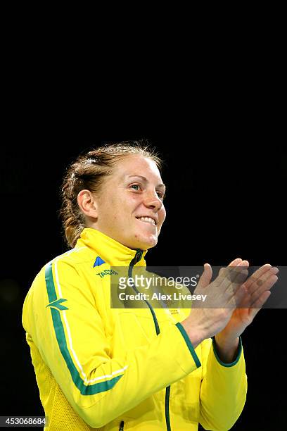 Gold medalist Shelley Watts of Australia celebrates during the medal ceremony for the Women's Light Final at SSE Hydro during day ten of the Glasgow...