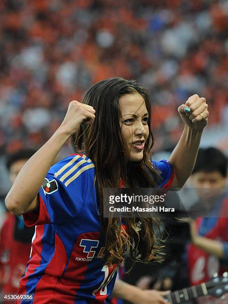 Japanese model,Anna Tsuchiya looks on before the J. League match between F.C. Tokyo and Shimizu S-Pulse at Ajinomoto Stadium on August 2, 2014 in...