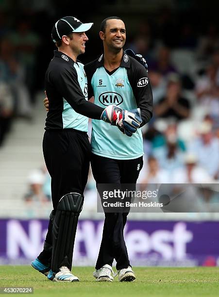 Robin Peterson of Surrey celebrates after taking a wicket during the Natwest T20 Blast Quarter Final match between Surrey and Worcestershire Rapids...