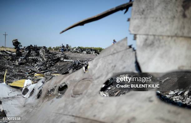 Part of the Malaysia Airlines Flight MH17 at the crash site in the village of Hrabove , some 80km east of Donetsk, on August 2, 2014. Shelling today...