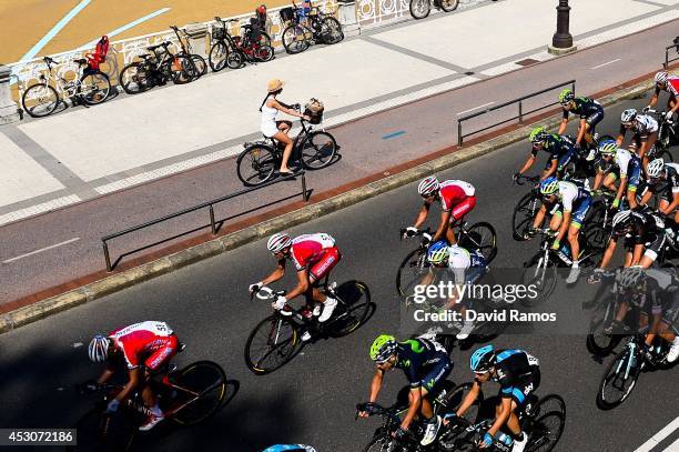 The peloton ride along the La Concha beach during the Clasica San Sebastian on August 2, 2014 in San Sebastian, Spain.