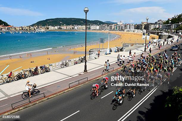 The peloton ride along the La Concha beach during the Clasica San Sebastian on August 2, 2014 in San Sebastian, Spain.