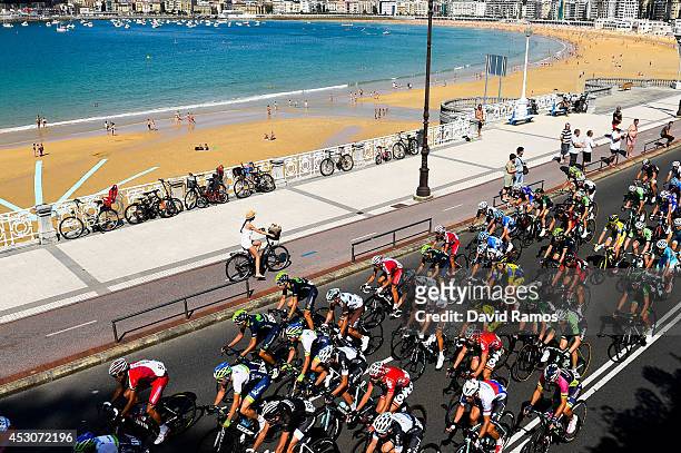 The peloton ride along the La Concha beach during the Clasica San Sebastian on August 2, 2014 in San Sebastian, Spain.