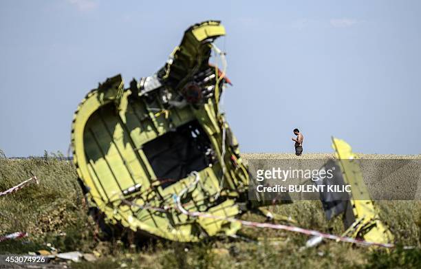 Man stands at the crash site of the Malaysia Airlines Flight MH17 in the village of Hrabove , some 80km east of Donetsk, on August 2, 2014. Shelling...