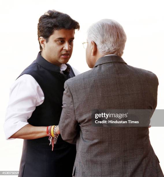 Union Ministers Jyotiradita Scindia and Ashwani Kumar during the ceremonial reception of Japanese Emperor Akihito at Rashtrapati Bhawan on December...