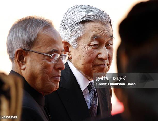 Japanese Emperor Akihito with Indian President Pranab Mukherjee during Akihito's ceremonial reception at Rashtrapati Bhawan on December 2, 2013 in...