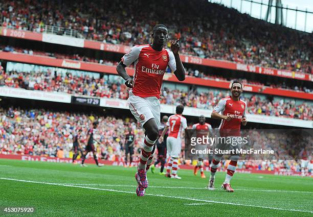 Yaya Sanogo celebrates scoring his 4th and Arsenal's 5th goal of the match during the match between Arsenal and Benfica at Emirates Stadium on August...