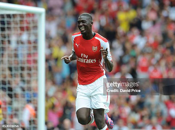 Yaya Sanogo celebrates scoring his 2nd goal, Arsenal's 3rd, during the Emirates Cup match between Arsenal and Benfica at Emirates Stadium on August...