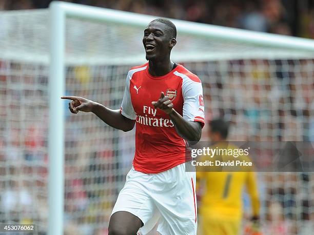 Yaya Sanogo celebrates scoring his 2nd goal, Arsenal's 3rd, during the Emirates Cup match between Arsenal and Benfica at Emirates Stadium on August...