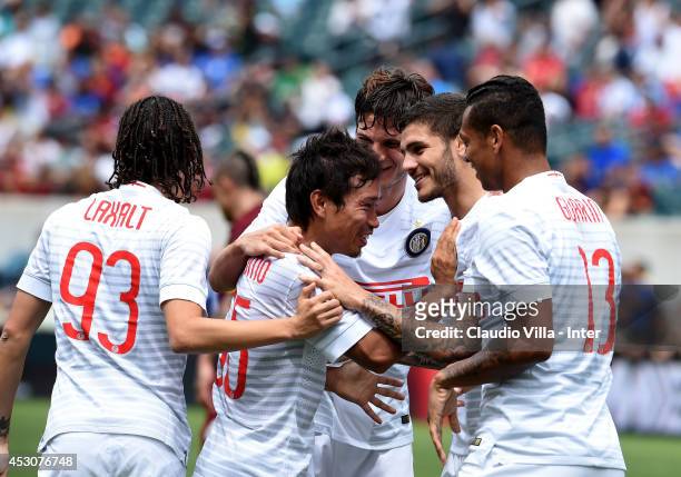 Yuto Nagatomo of FC Inter Milan celebrates during the International Champions Cup 2014 at Lincoln Financial Field on August 2, 2014 in Philadelphia,...