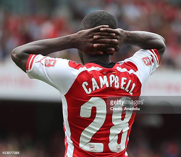 Joel Campbell of Arsenal reacts during the Emirates Cup 2014 soccer match between Arsenal and Benfica at the Emirates Stadium in London, United...