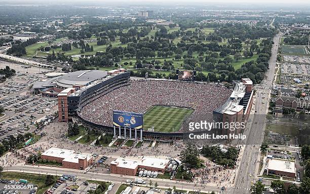 An aerial view of Michigan Stadium during the Guinness International Champions Cup match between Real Madrid and Manchester United at Michigan...