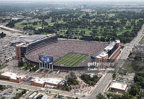 An aerial view of Michigan Stadium during the Guinness International Champions Cup match between Real Madrid and Manchester United at Michigan...