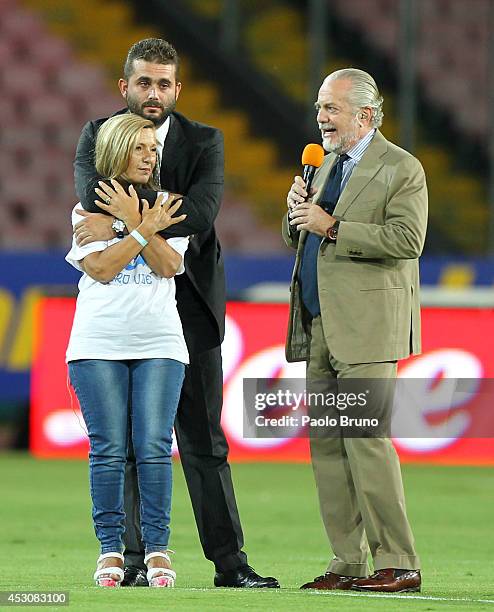 Edoardo De Laurentis with The President Aurelio De Laurentis and the mother Antonella Leardi speak in memory of Ciro Esposito death during the Tim...