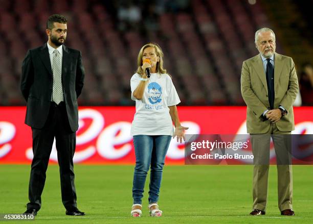 Edoardo De Laurentis with The President Aurelio De Laurentis and the mother Antonella Leardi speak in memory of Ciro Esposito death during the Tim...