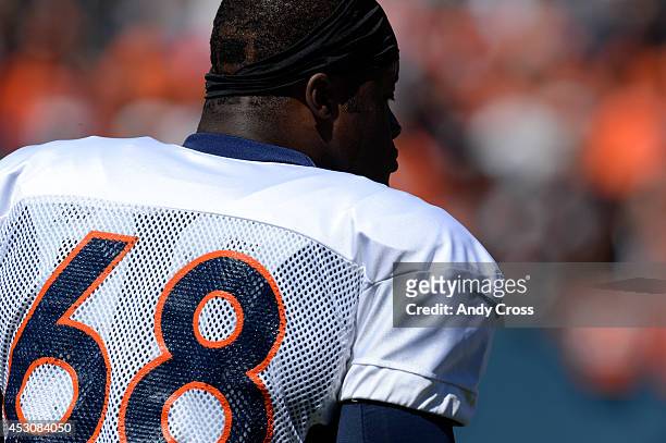 Denver Broncos DT, Kenny Anunike, before practice and scrimmage at Sports Authority Field at Mile High Saturday afternoon, August 02, 2014.