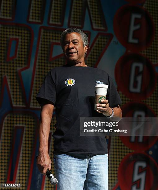 Actor Tucker Smallwood arrives on stage for the "Creation Close-Up Enterprise: The Xindi Saga" panel at the 13th annual Star Trek convention at the...