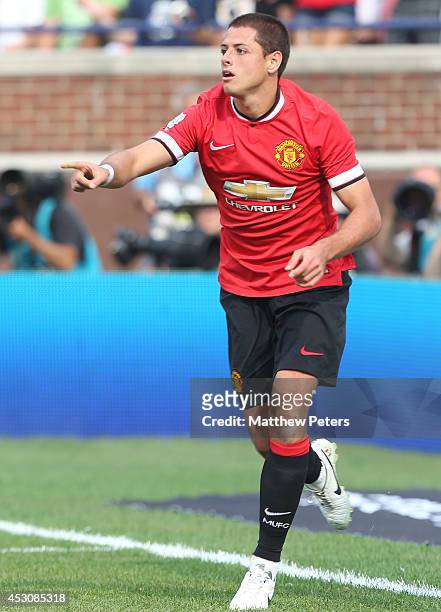 Javier "Chicharito" Hernandez of Manchester United celebrates scoring their third goal during the pre-season friendly match between Manchester United...