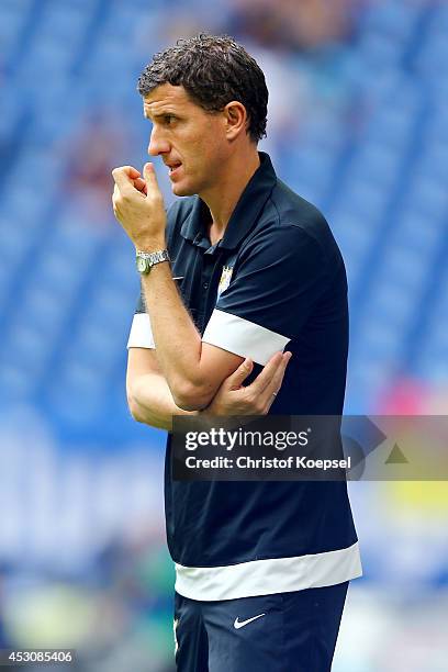 Head coach Javi Gracia of Malaga issues instructions during the match between FC Malaga and Newcastle United as part of the Schalke 04 Cup Day at...