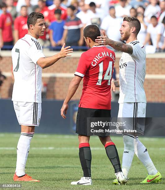 Cristiano Ronaldo and Sergio Ramos of Real Madrid in action during the pre-season friendly match between Manchester United and Real Madrid at...