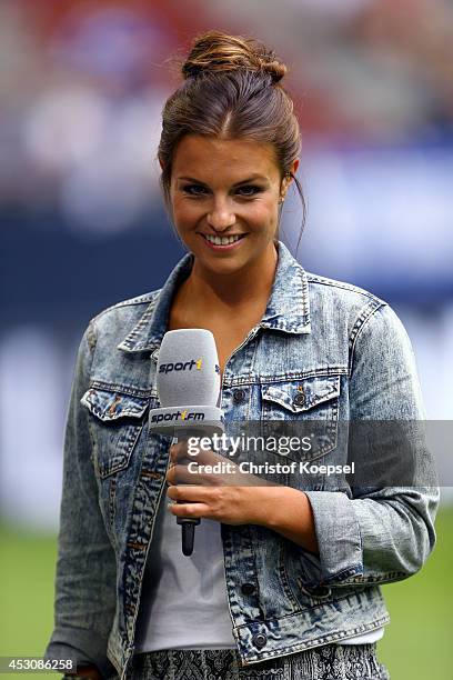 Moderator Laura Wontorra is seen prior to the match between FC Malaga and Newcastle United as part of the Schalke 04 Cup Day at Veltins-Arena on...