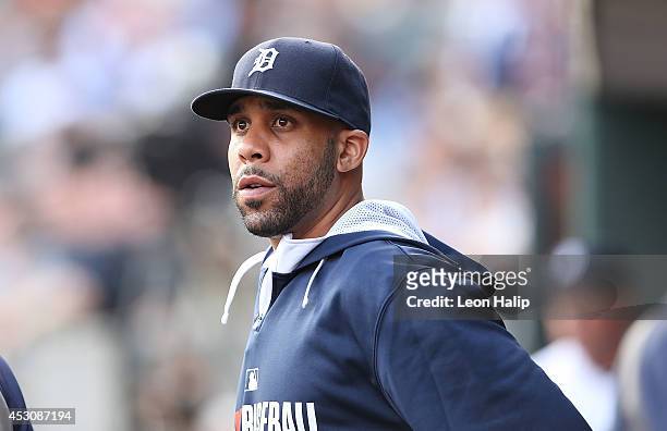 David Price of the Detroit Tigers watches the action from the dugout during the game against the Colorado Rockies at Comerica Park on August 2, 2014...