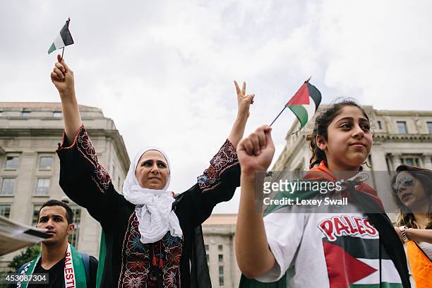 Lina Sanjak and her daughter, Mariam second from right, traveled to D.C. From Charlotte, N.C., to protest against the Israeli bombing of Gaza on...