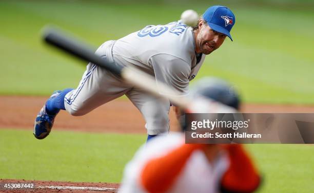 Dickey of the Toronto Blue Jays throws a pitch during the first inning to Jose Altuve of the Houston Astros at Minute Maid Park on August 2, 2014 in...