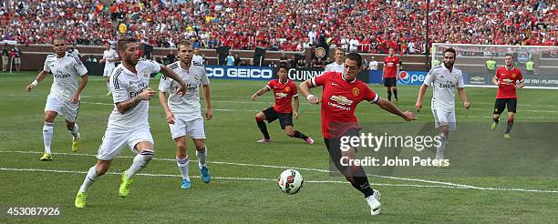 Javier "Chicharito" Hernandez of Manchester United in action with Sergio Ramos of Real Madrid during the pre-season friendly match between Manchester...