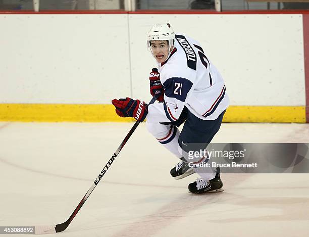 Dominic Turgeon of USA White skates against USA Blue during the 2014 USA Hockey Junior Evaluation Camp at Lake Placid Olympic Center on August 2,...