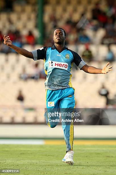 Ray Jordan of St. Lucia Zouks celebrates during a match between St. Lucia Zouks and The Trinidad and Tobago Red Steel as part of week 4 of the...