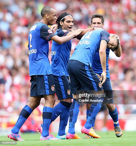 Monaco players celebrate after scoring during the Emitrates Cup 2014 match between Monaco and Valencia at Emirates Stadium in London, England on...