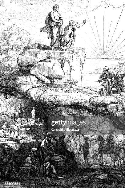 antikes illustration platons höhle - mythologie stock-grafiken, -clipart, -cartoons und -symbole