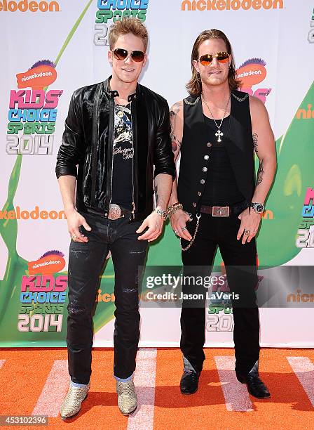 Brian Kelley and Tyler Hubbard of Florida Georgia Line attend the 2014 Nickelodeon Kids' Choice Sports Awards at Pauley Pavilion on July 17, 2014 in...