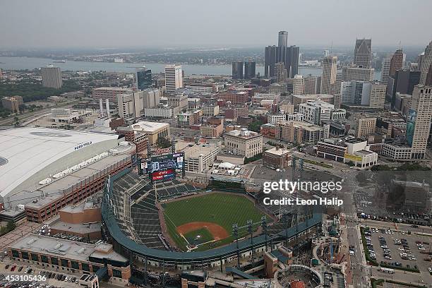 Ford Field home of the Detroit Lions and Comemrica Park home of the Detroit Tigers prior to the start of the game against the Colorado Rockies at...