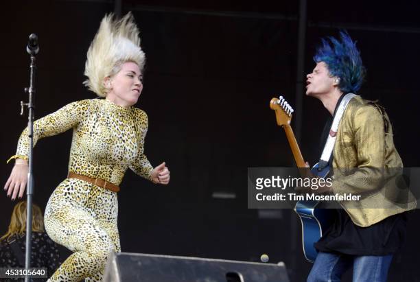 Hannah Hooper and Christian Zucconi of Grouplove perform during 2014 Lollapalooza at Grant Park on August 2, 2014 in Chicago, Illinois.