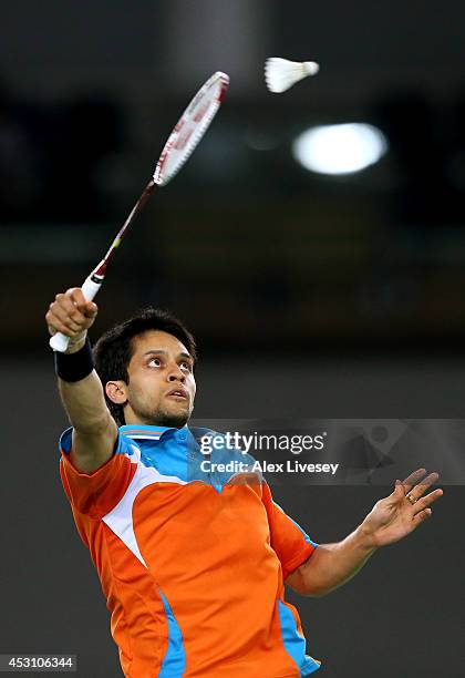 Kashyap Parupalli of India competes in the Men's Singles Gold Medal Match against Derek Wong of Singapore at Emirates Arena during day eleven of the...