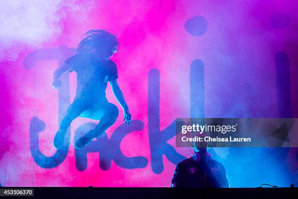 DJs Skrillex and Diplo of Jack U perform at the HARD summer music festival at Whittier Narrows Recreation Area on August 2, 2014 in Los Angeles,...