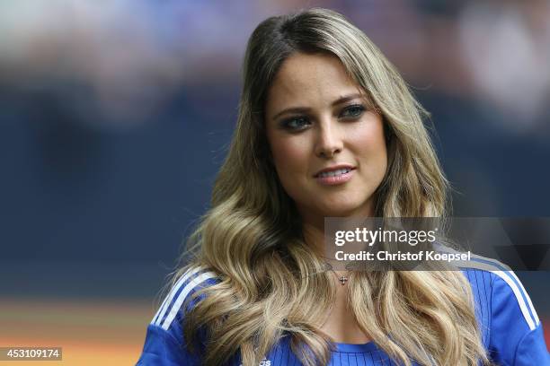 Moderator Vanessa Huppenkothen of Sport 1 television channel is seen prior to the match between FC Malaga and West Ham United as part of the Schalke...