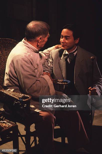 Hong Kong actor Leslie Cheung Kwok Wing with Chinese actor Xie Tian, during the filming of 'Temptress Moon' in Shanghai Film Studios.