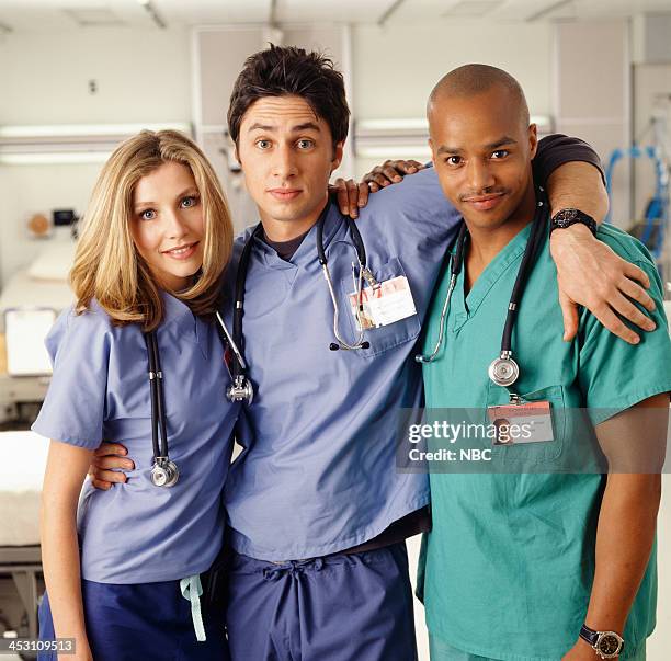 Season 1 -- Pictured: Sarah Chalke as Dr. Elliot Reid, Zach Braff as Dr. John 'J.D.' Dorian, Donald Faison as Dr. Christopher Turk --