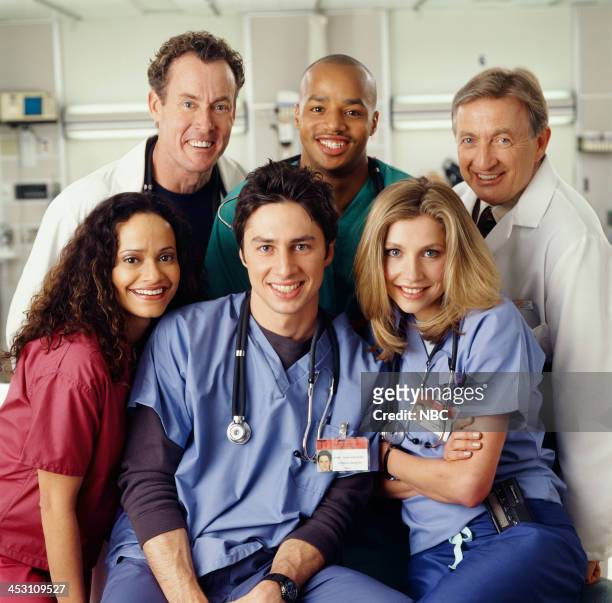 Season 1 -- Pictured: Judy Reyes as Nurse Carla Espinosa, Zach Braff as Dr. John 'J.D.' Dorian, Sarah Chalke as Dr. Elliot Reid John C. McGinley as...