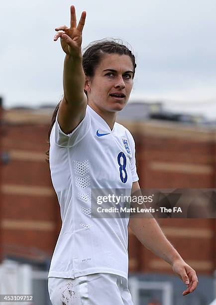 Karen Carney of England celebrates her second goal during the Women's International Friendly match between England and Sweden at Victoria Park on...