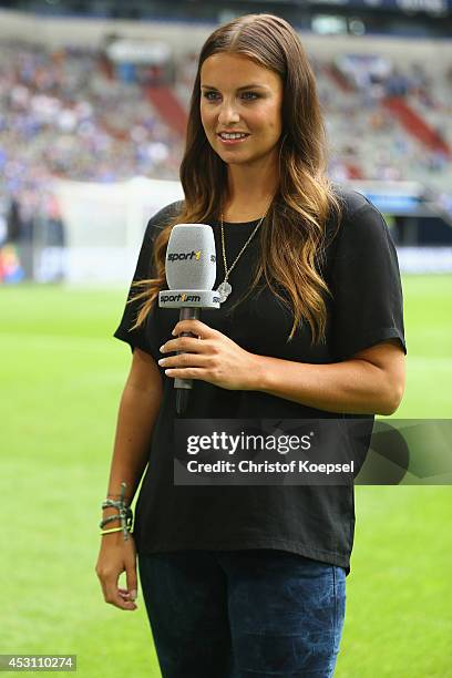 Field reporter Laura Wontorra of Sport 1 television channel poses prior to the match between FC Malaga and West Ham United as part of the Schalke 04...