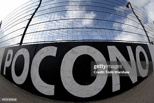 Pocono signage is seen prior to the NASCAR Sprint Cup Series GoBowling.com 400 at Pocono Raceway on August 3, 2014 in Long Pond, Pennsylvania.